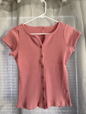 Ribbed Button-Front Pink Short Sleeve Women's Top